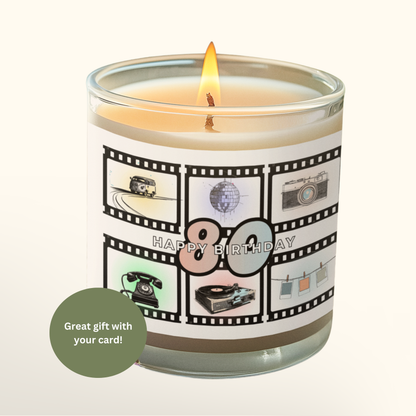 Candle with a 'Happy 80th Birthday' design on a white background