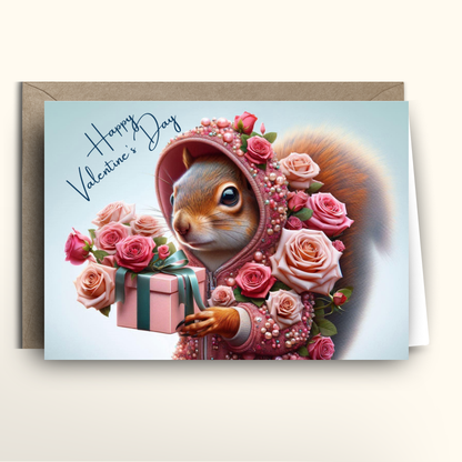 Valentine's Day card with a squirrel wearing a pink hood surrounded by flowers and a gift box.
