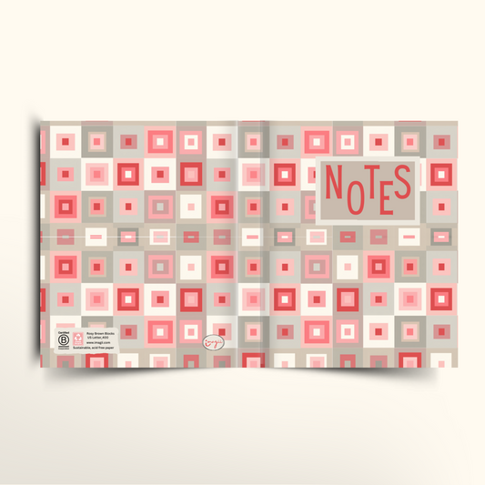 Notebook with red and gray square pattern and 'NOTES' text on a white background