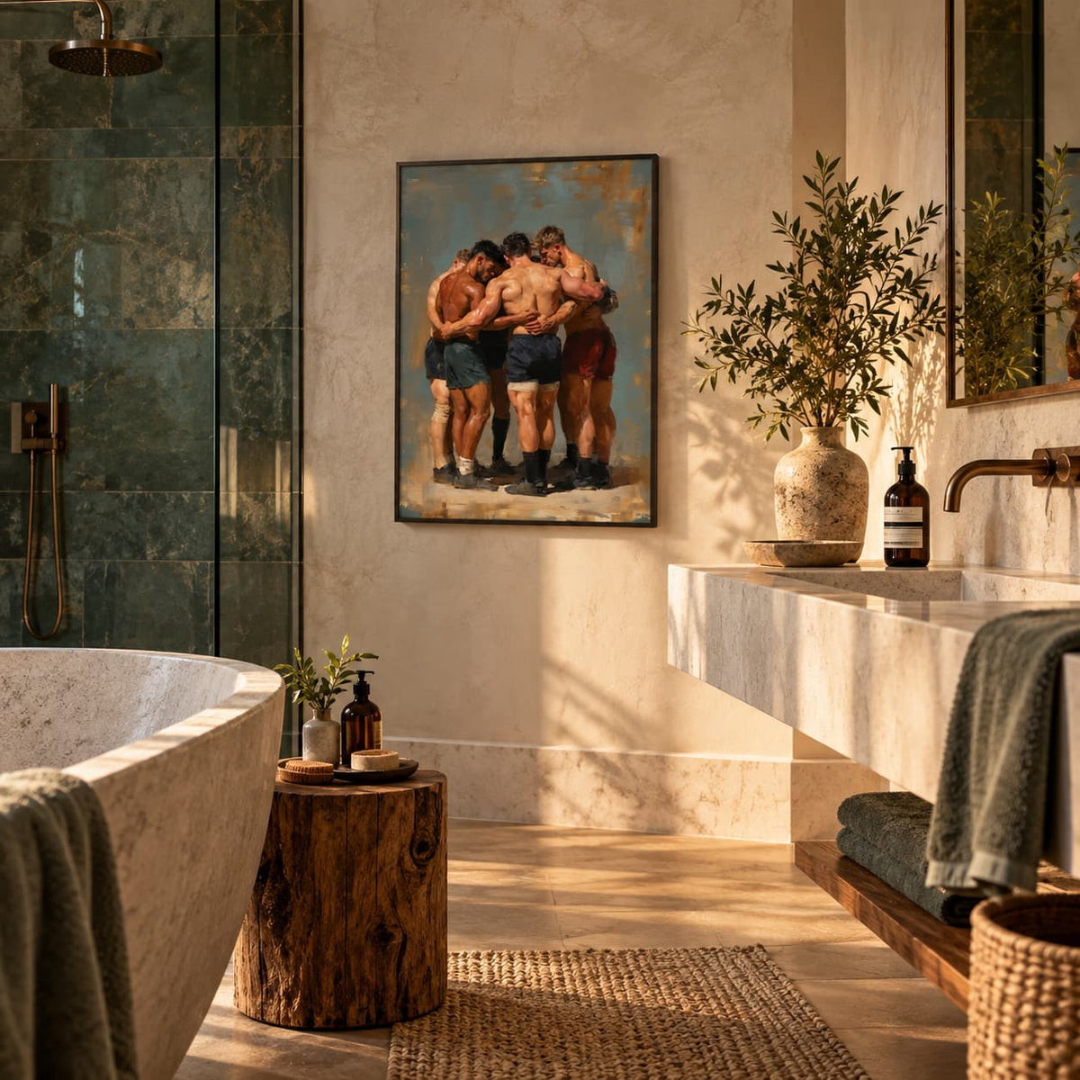 A framed art print depicting three shirtless men in swim trunks, hanging on a beige wall in a modern, sunlit bathroom with a marble tub, wooden stool, and plants.