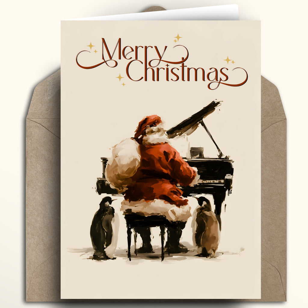 A Christmas greeting card with a brown envelope behind it, featuring an illustration of Santa Claus playing a grand piano with penguins standing nearby. The card reads 'Merry Christmas' in brown script at the top.