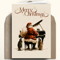 A Christmas greeting card with a brown envelope behind it, featuring an illustration of Santa Claus playing a grand piano with penguins standing nearby. The card reads 'Merry Christmas' in brown script at the top.