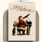 A Christmas greeting card with a brown envelope behind it, featuring an illustration of Santa Claus playing a grand piano with penguins standing nearby. The card reads 'Merry Christmas' in brown script at the top.