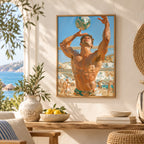 A framed art print depicting a shirtless man playing volleyball on a sunny beach, styled on a white wall above a wooden console table with a vase, lemons, and books.
