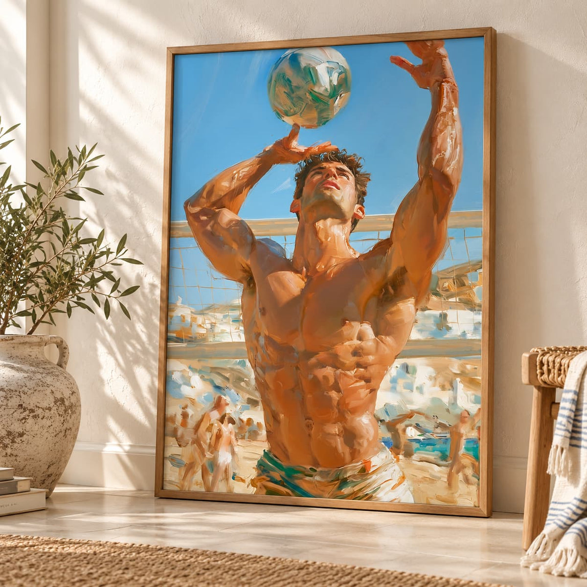 A framed art print depicting a muscular man balancing a soccer ball overhead on a beach, leaning against a wall in a styled room with a potted plant and woven rug.