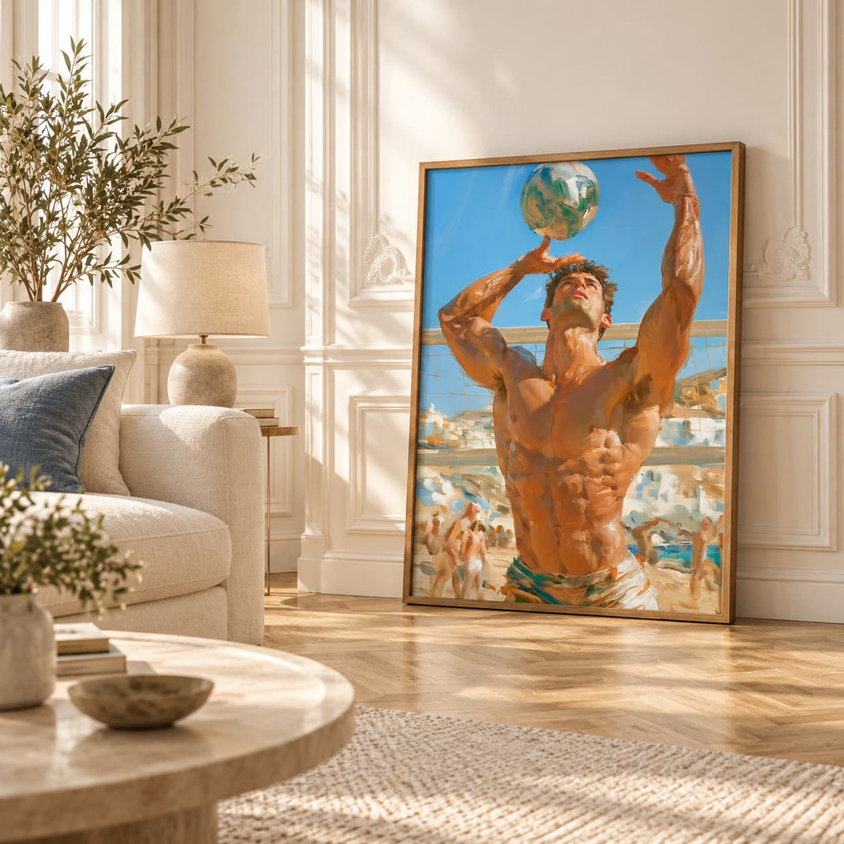 A large framed art print depicting a muscular man balancing a soccer ball on a sunny beach, leaning against a white paneled wall in a modern, sunlit living room.