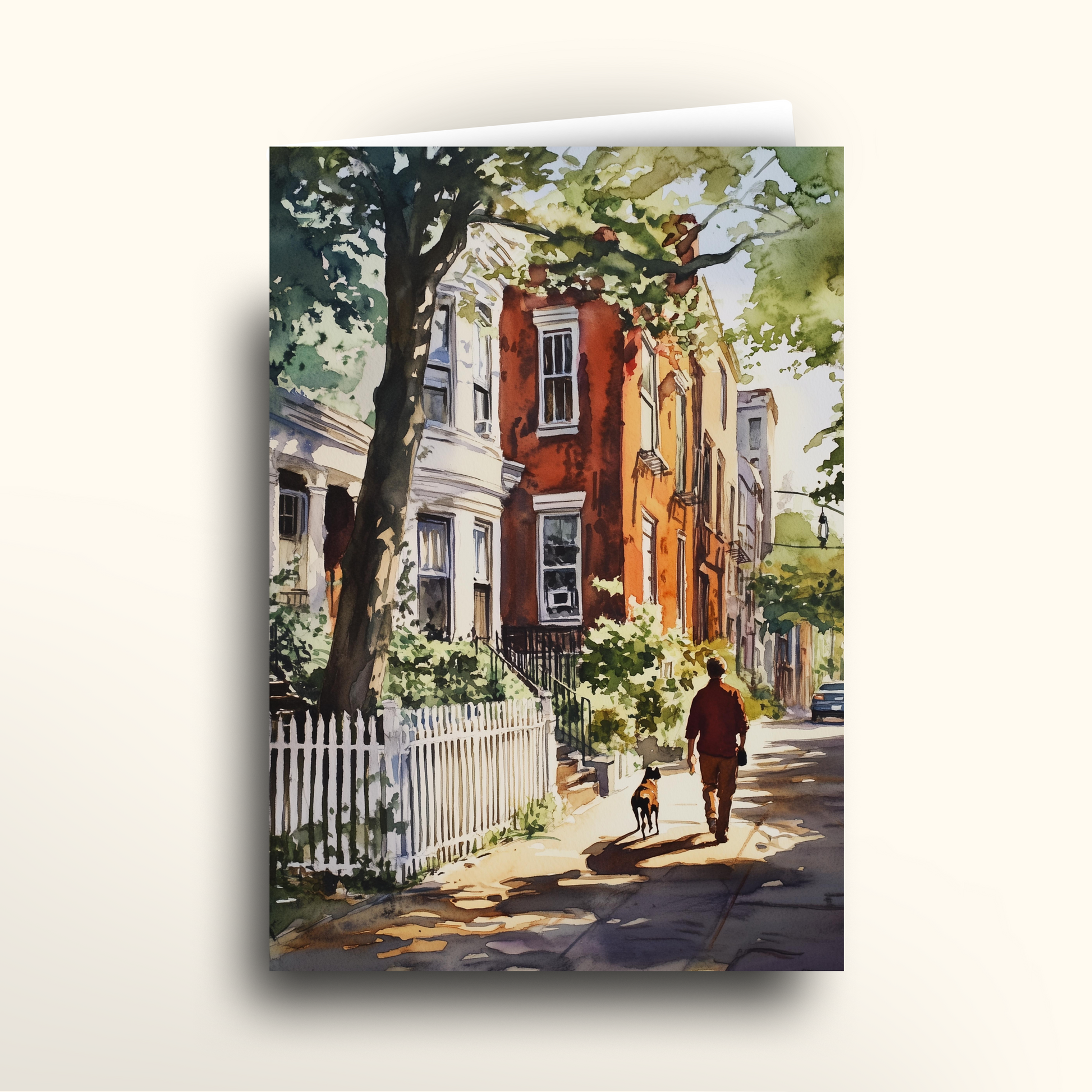Greeting card of a person walking a dog on a street with houses and trees.