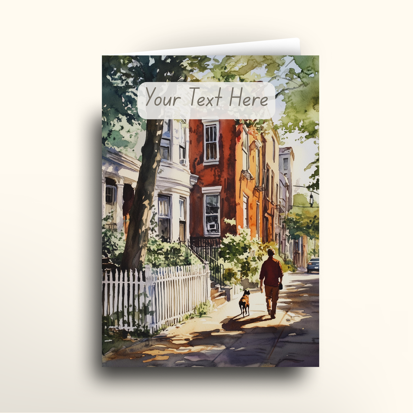 Greeting card with a painting of a person walking a dog on a street, with text overlay 'Your Text Here'.