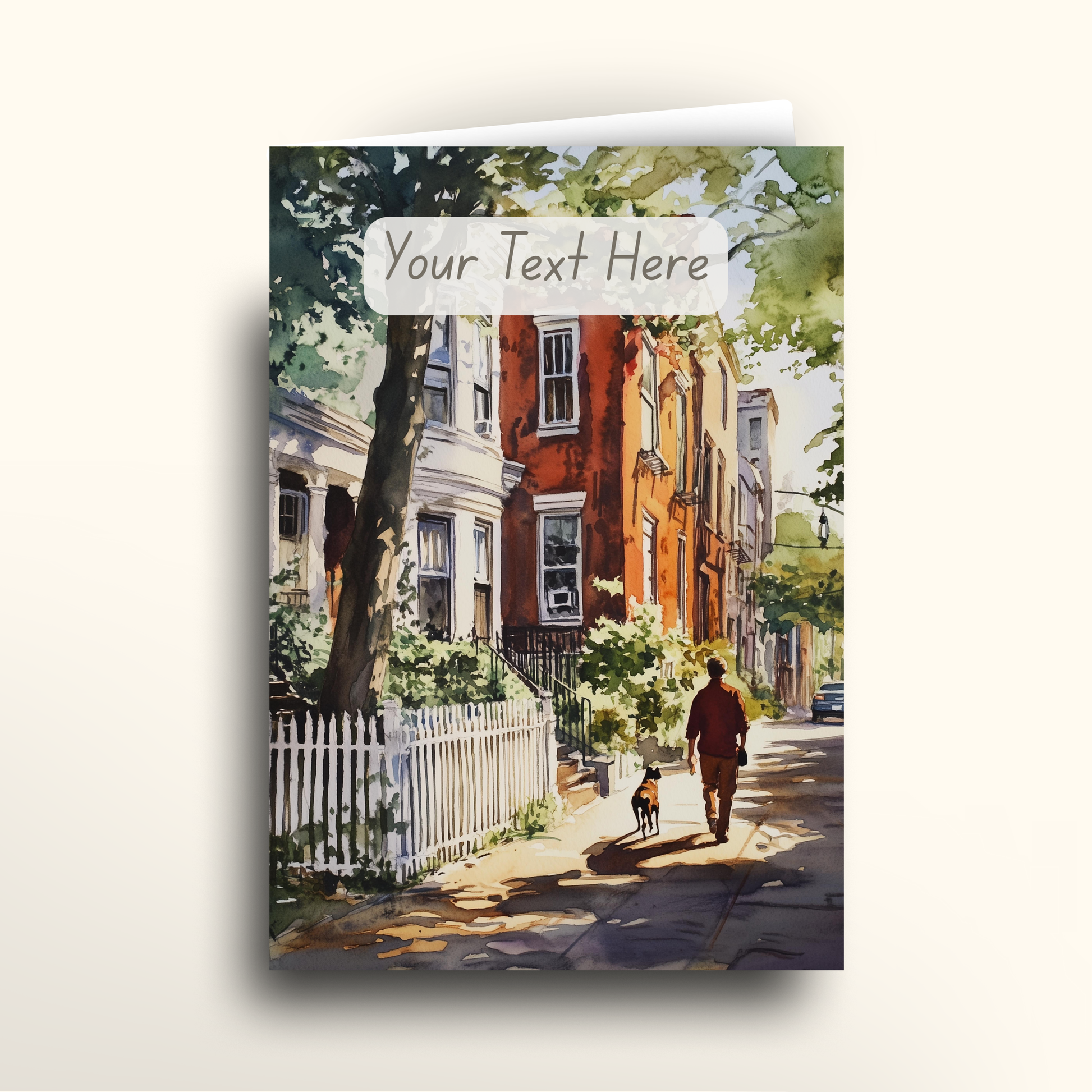 Greeting card with a painting of a person walking a dog on a street, with text overlay 'Your Text Here'.