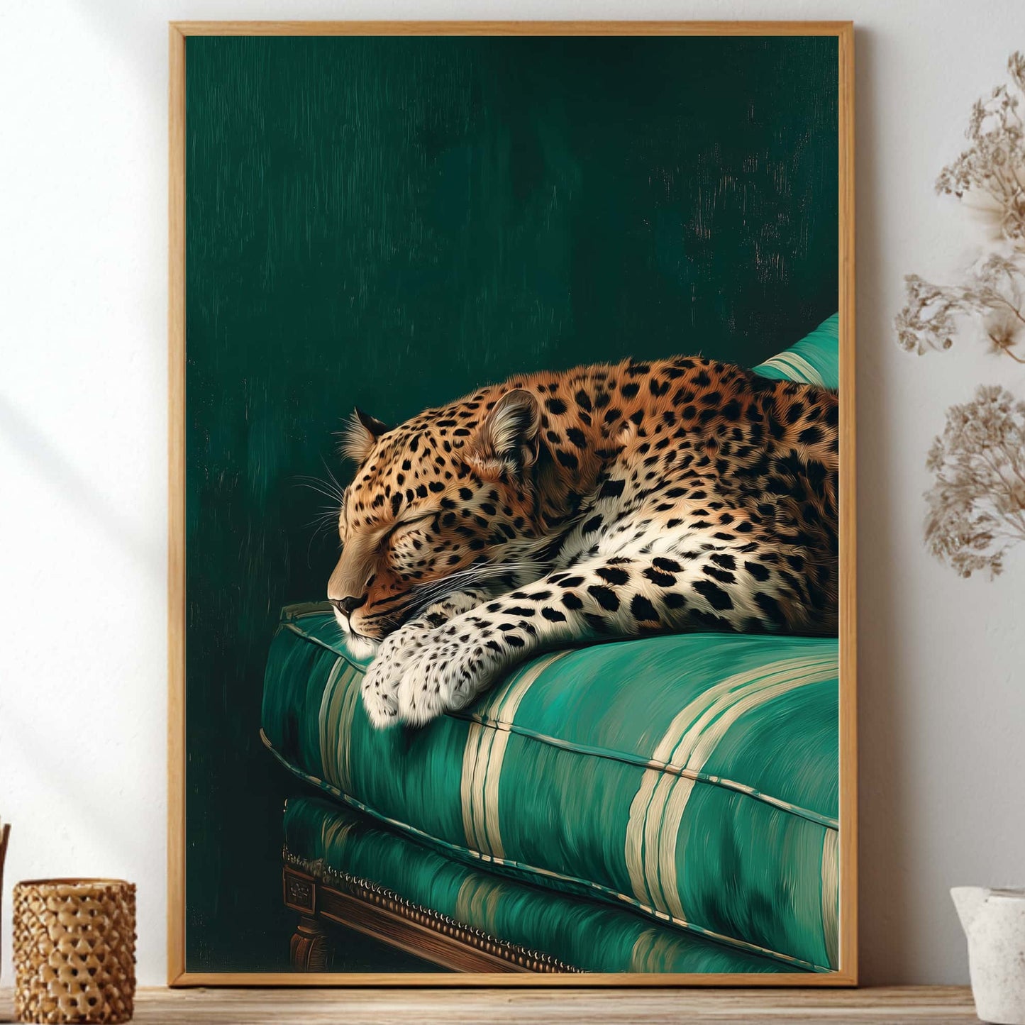 Oil painting of a peaceful sleeping leopard on a retro green striped couch against a dark moody green background for maximalist apartment decor