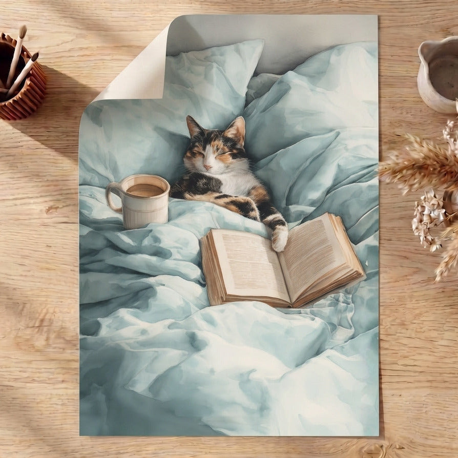 Cat lying on a blanket with an open book, surrounded by a cup of coffee and decorative items on a wooden surface.