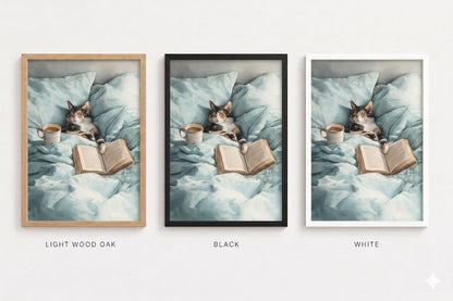 Three framed pictures of a cat with an open book on a blue blanket, in light wood oak, black, and white frames.