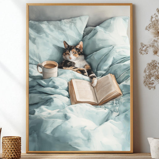 Watercolor print of a calico cat sleeping in bed beside an open book and cream coffee mug on soft mint bedding, cozy bedroom wall art.