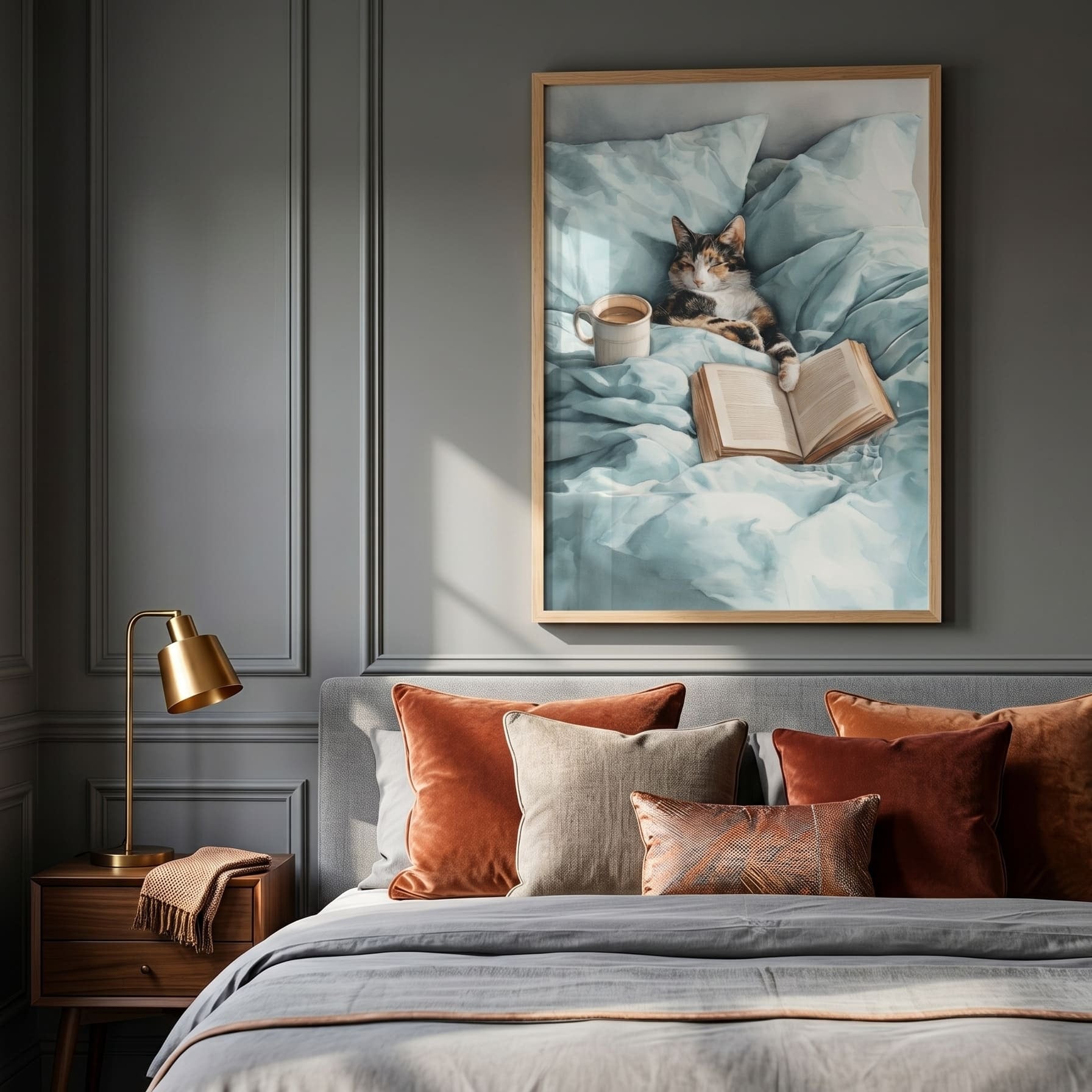 Watercolor print of a calico cat sleeping in bed beside an open book and cream coffee mug on soft mint bedding, cozy bedroom wall art.
