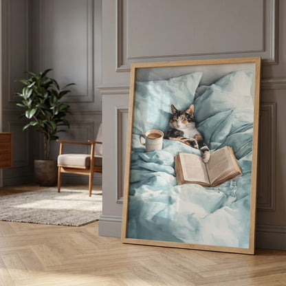 Watercolor print of a calico cat sleeping in bed beside an open book and cream coffee mug on soft mint bedding, cozy bedroom wall art.