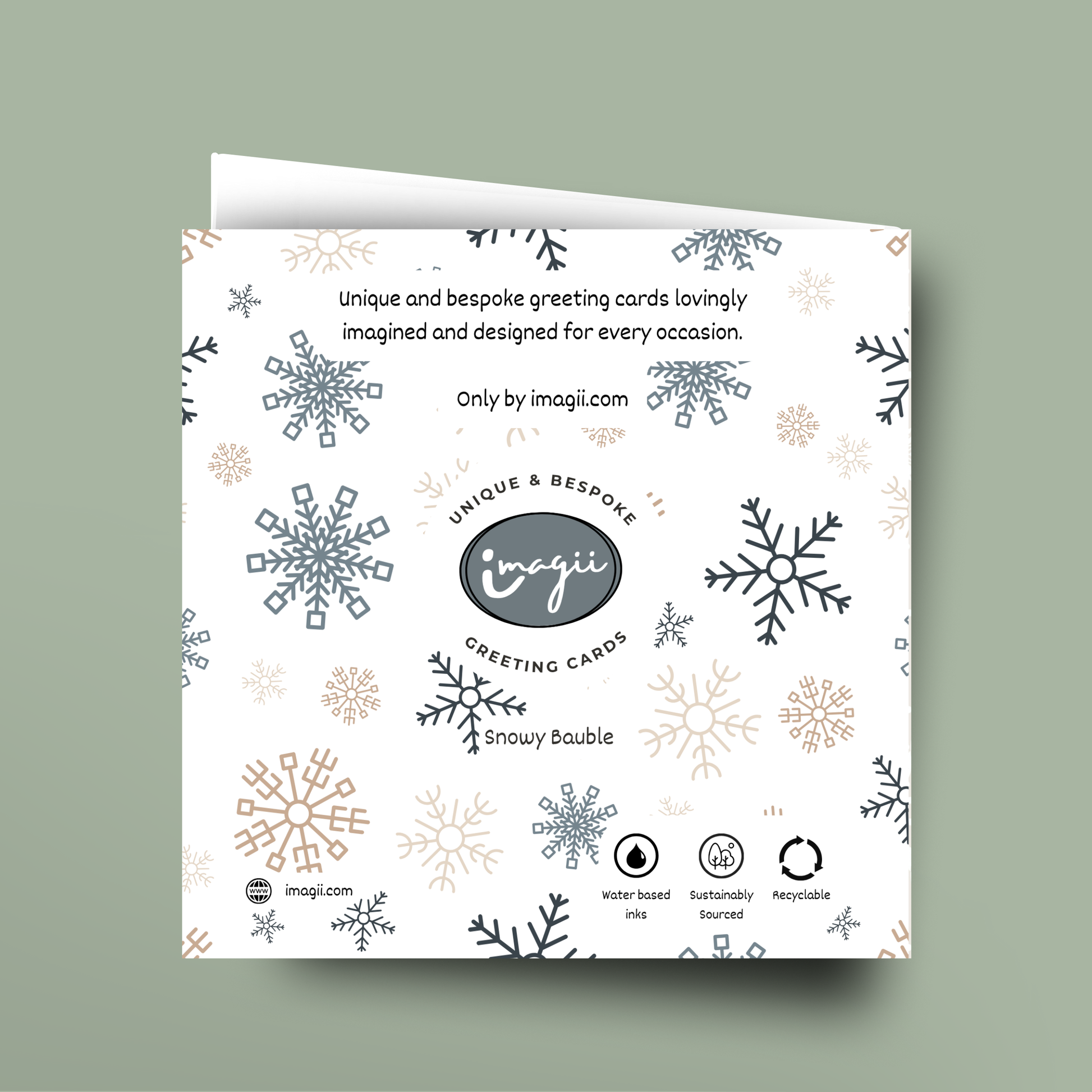 Greeting card with snowflake design and imagii branding on a light green background