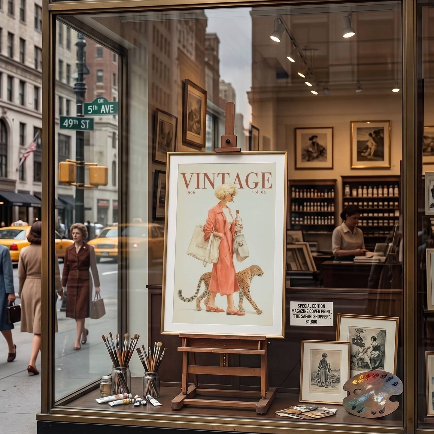 A storefront window display for Manhattan Canvas & Curio, showing framed art supplies and a vintage poster in the window. Pedestrian street activity and city buildings are visible outside the shop.