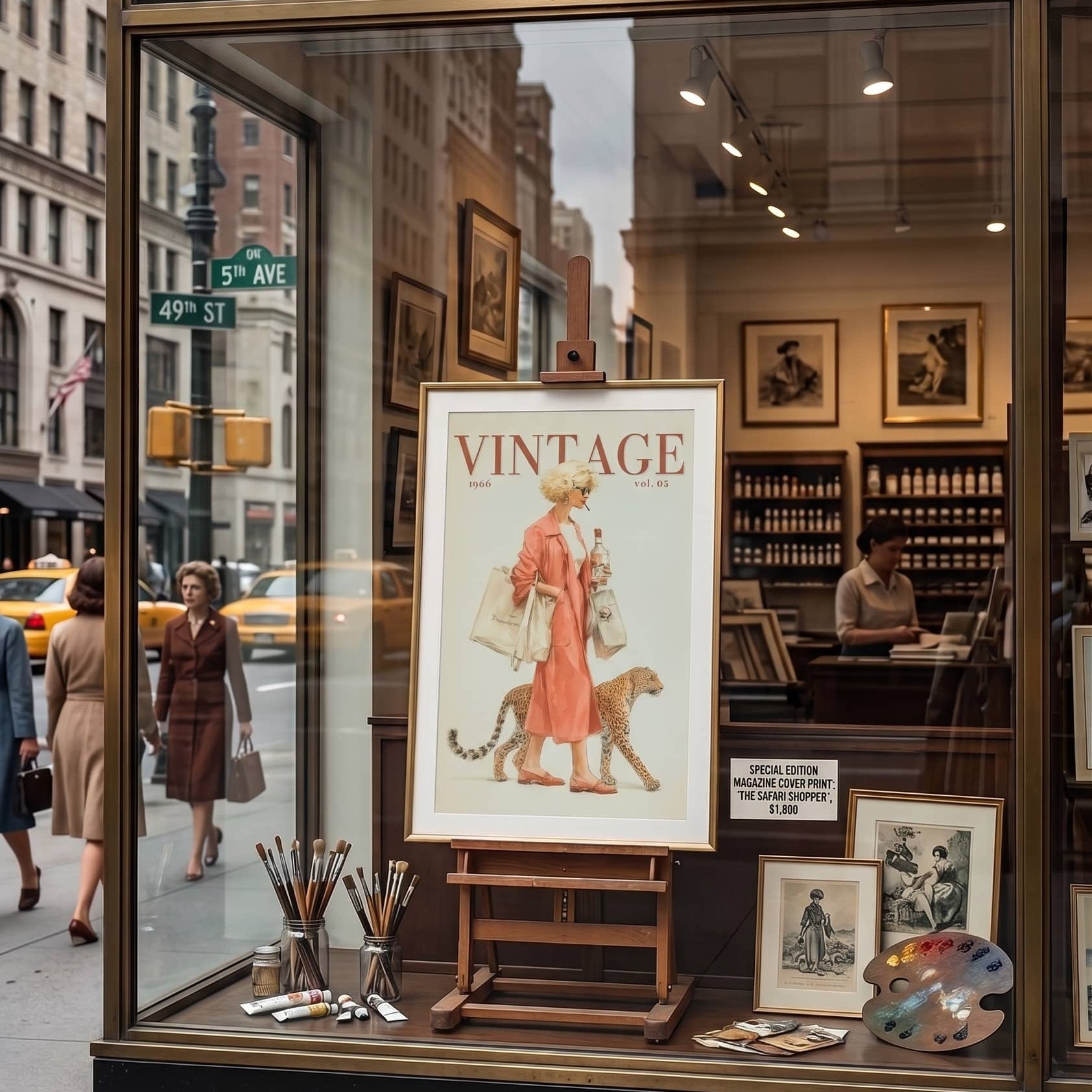 A storefront window display for Manhattan Canvas & Curio, showing framed art supplies and a vintage poster in the window. Pedestrian street activity and city buildings are visible outside the shop.