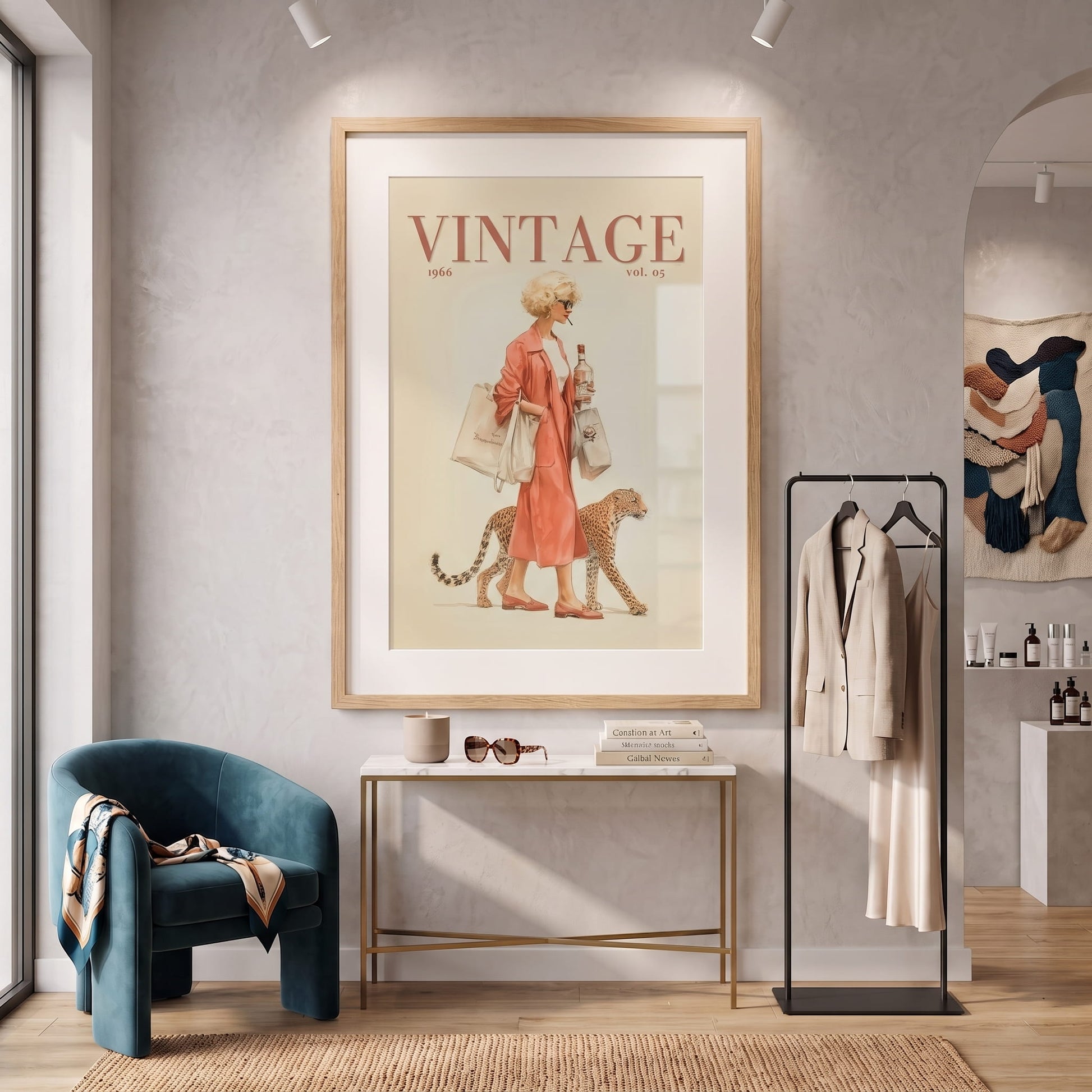 A large framed vintage-style wall art print hangs on a textured light gray wall in a styled interior. The artwork shows a woman in a pink dress walking with a cat, with the word 'VINTAGE' at the top.