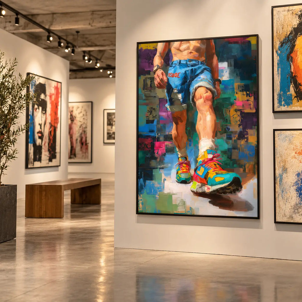 Step Forward gay art print hanging in a contemporary art gallery beside abstract works, a man striding forward in denim shorts and bright high-top trainers