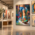 Step Forward gay art print hanging in a contemporary art gallery beside abstract works, a man striding forward in denim shorts and bright high-top trainers