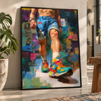 Step Forward gay art print in a black frame leaning against a white wall on the floor beside a potted monstera, a man striding forward in bright trainers