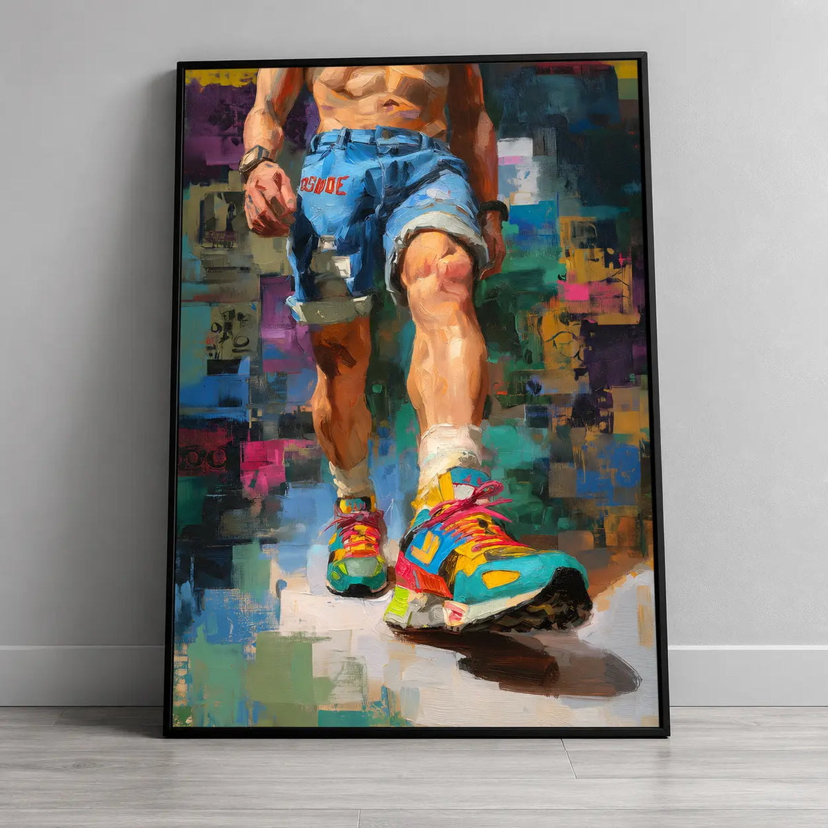 Step Forward gay art print in a black frame leaning against a plain light grey wall on a pale wood floor, a man striding forward in denim shorts