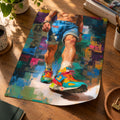 Unframed Step Forward poster lying on a rustic wooden desk with books and a plant, a man striding forward in denim shorts and turquoise, yellow and pink trainers