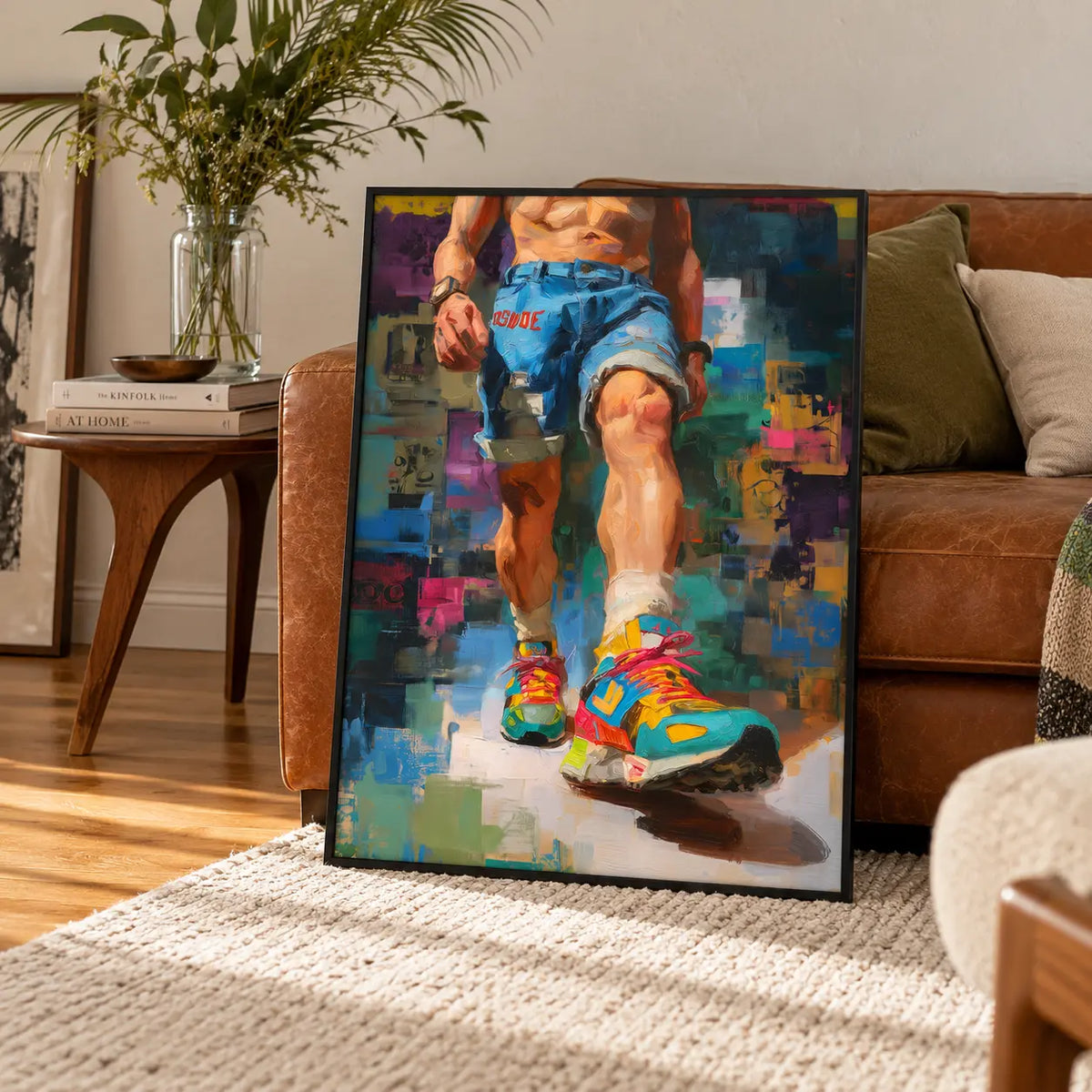 Step Forward gay art print in a black frame leaning against a vintage brown leather sofa in a warm living room, a man striding forward in colourful trainers