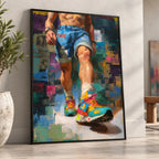 Step Forward gay art print in a black frame leaning against a warm white wall beside an olive tree in a stone pot, a man striding forward in colourful trainers