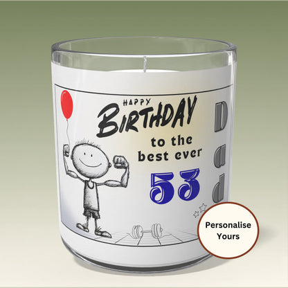 Birthday candle with cartoon design and text on a gradient background