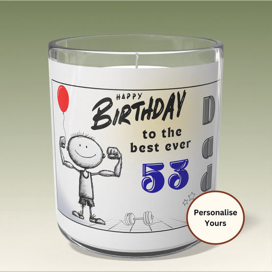 Birthday candle with cartoon design and text on a gradient background