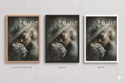 Three framed artworks with a woman and leopard, labeled 'Light Wood Oak', 'Black', and 'White'.