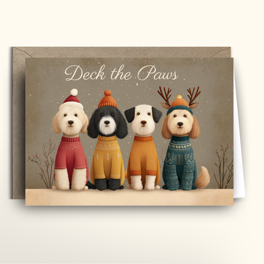 Card with four dogs wearing winter clothing and hats, with 'Deck the Paws' text.