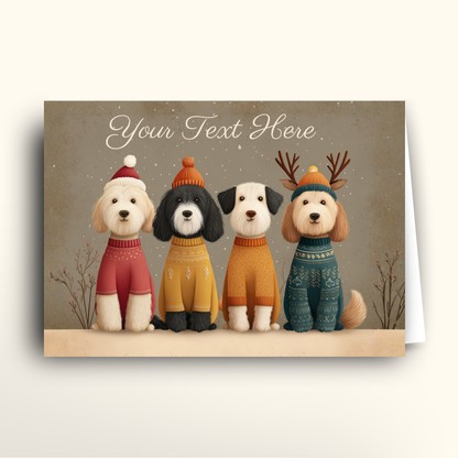 Four dogs in colorful sweaters with text 'Your Text Here' on a beige background