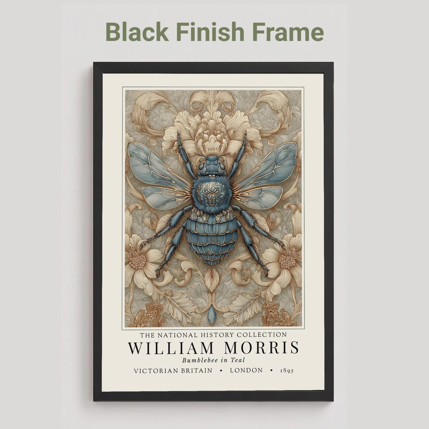 A framed William Morris art print featuring a blue bumblebee on a beige floral background, shown with a black frame against a light gray wall. Text above reads 'Black Finish Frame'.