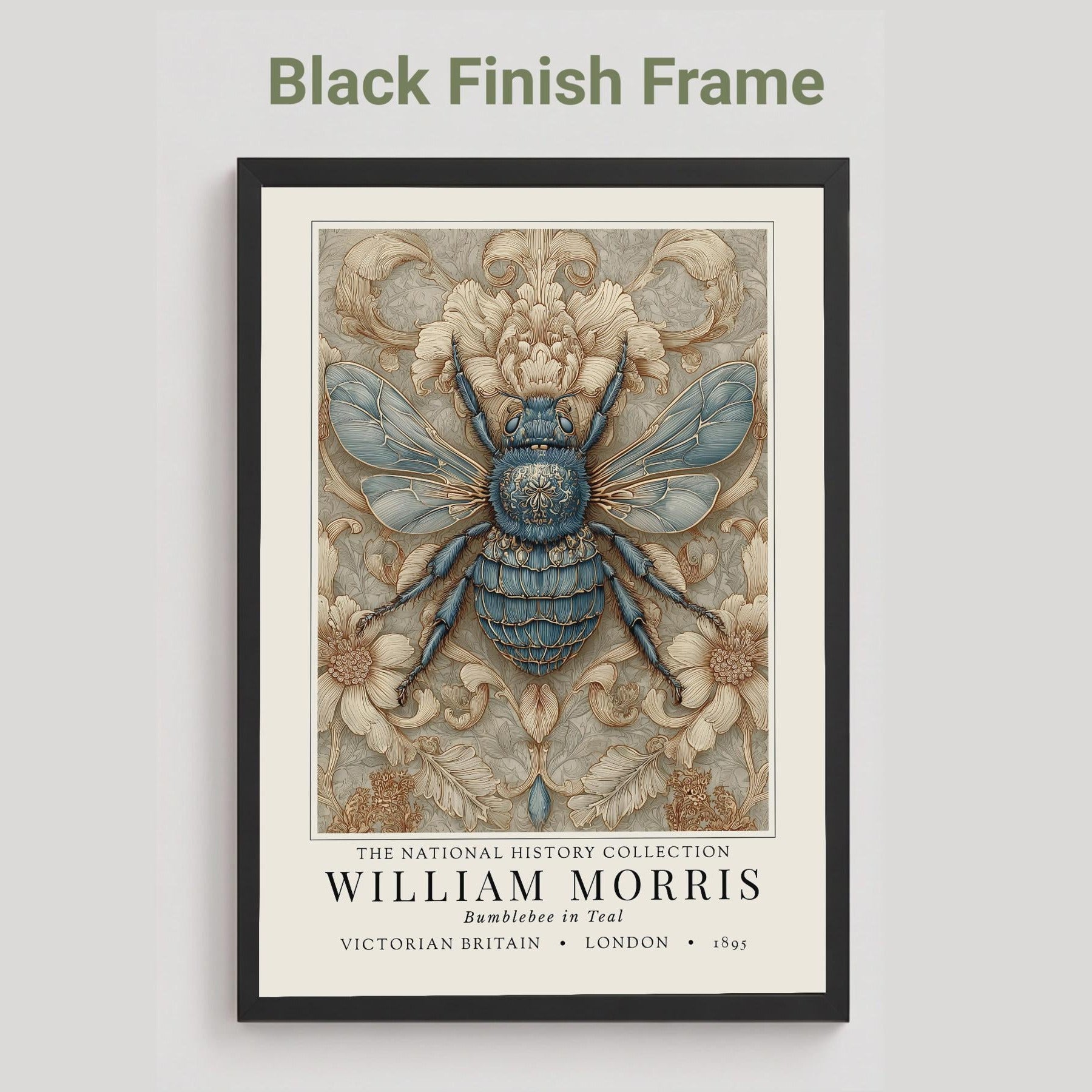 A framed William Morris art print featuring a blue bumblebee on a beige floral background, shown with a black frame against a light gray wall. Text above reads 'Black Finish Frame'.