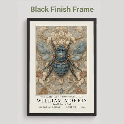A framed William Morris art print featuring a blue bumblebee on a beige floral background, shown with a black frame against a light gray wall. Text above reads 'Black Finish Frame'.
