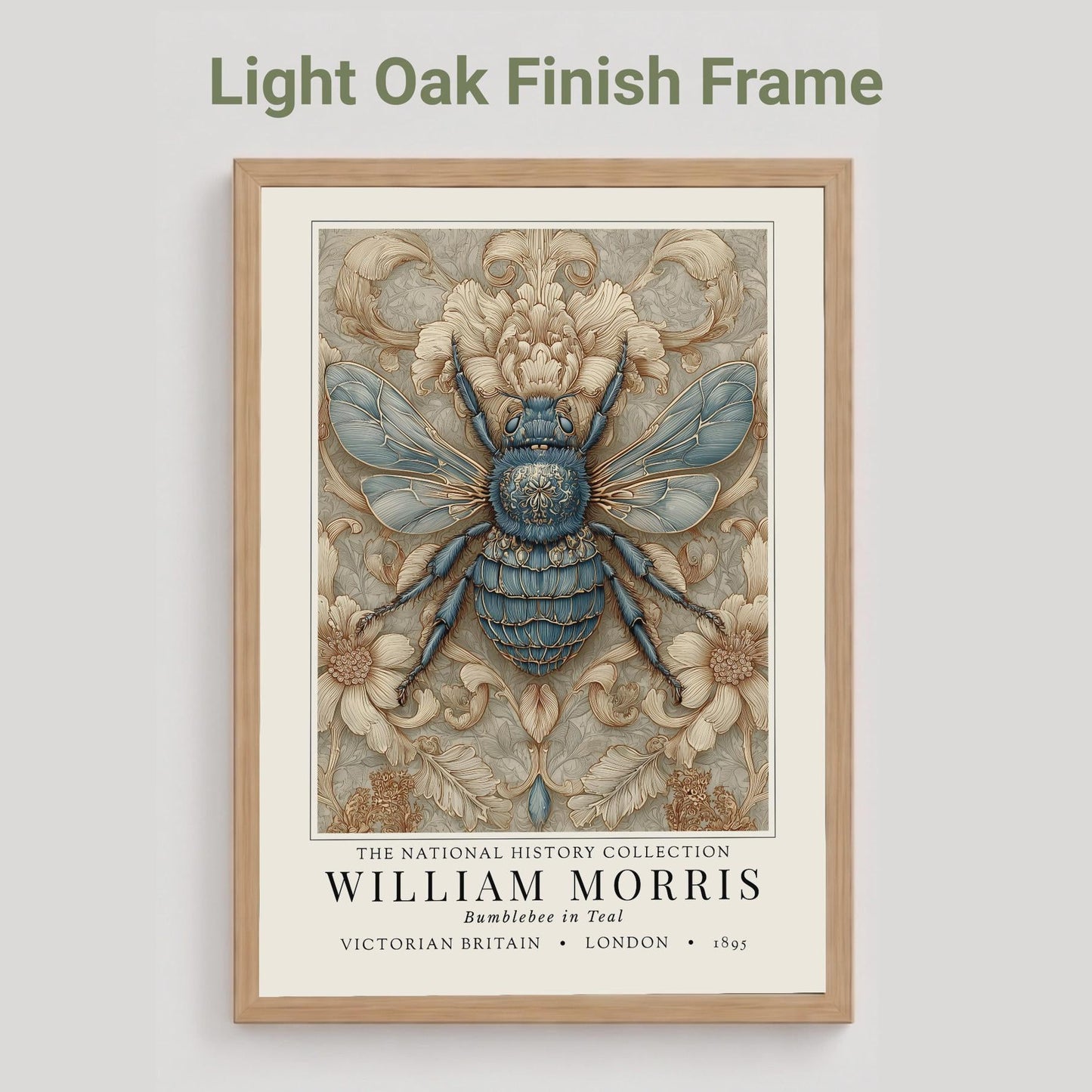 A framed William Morris print featuring a detailed blue and beige bumblebee illustration, shown against a light gray background with the text 'Light Oak Finish Frame' above it.