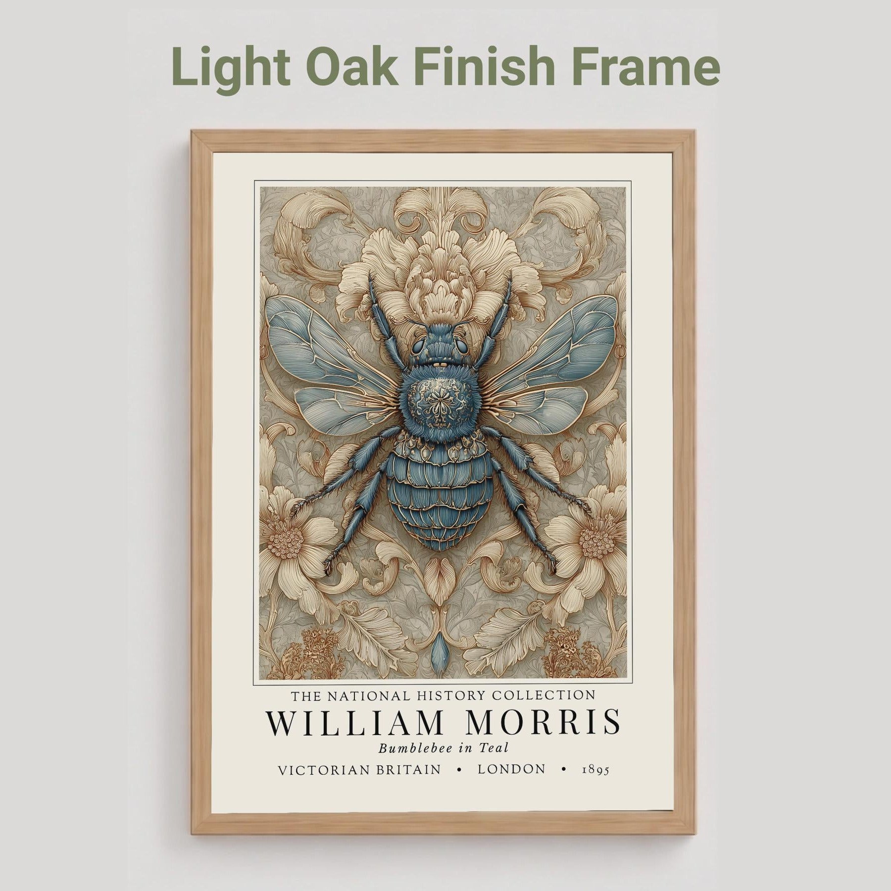 A framed William Morris print featuring a detailed blue and beige bumblebee illustration, shown against a light gray background with the text 'Light Oak Finish Frame' above it.