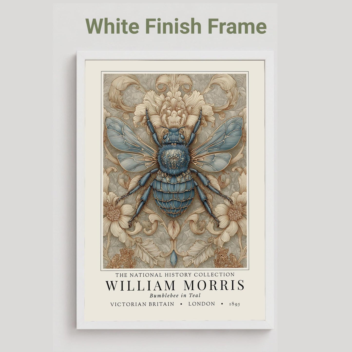 A framed William Morris print featuring a detailed blue and beige bumblebee illustration, shown against a light gray background with the text 'White Finish Frame' above it.
