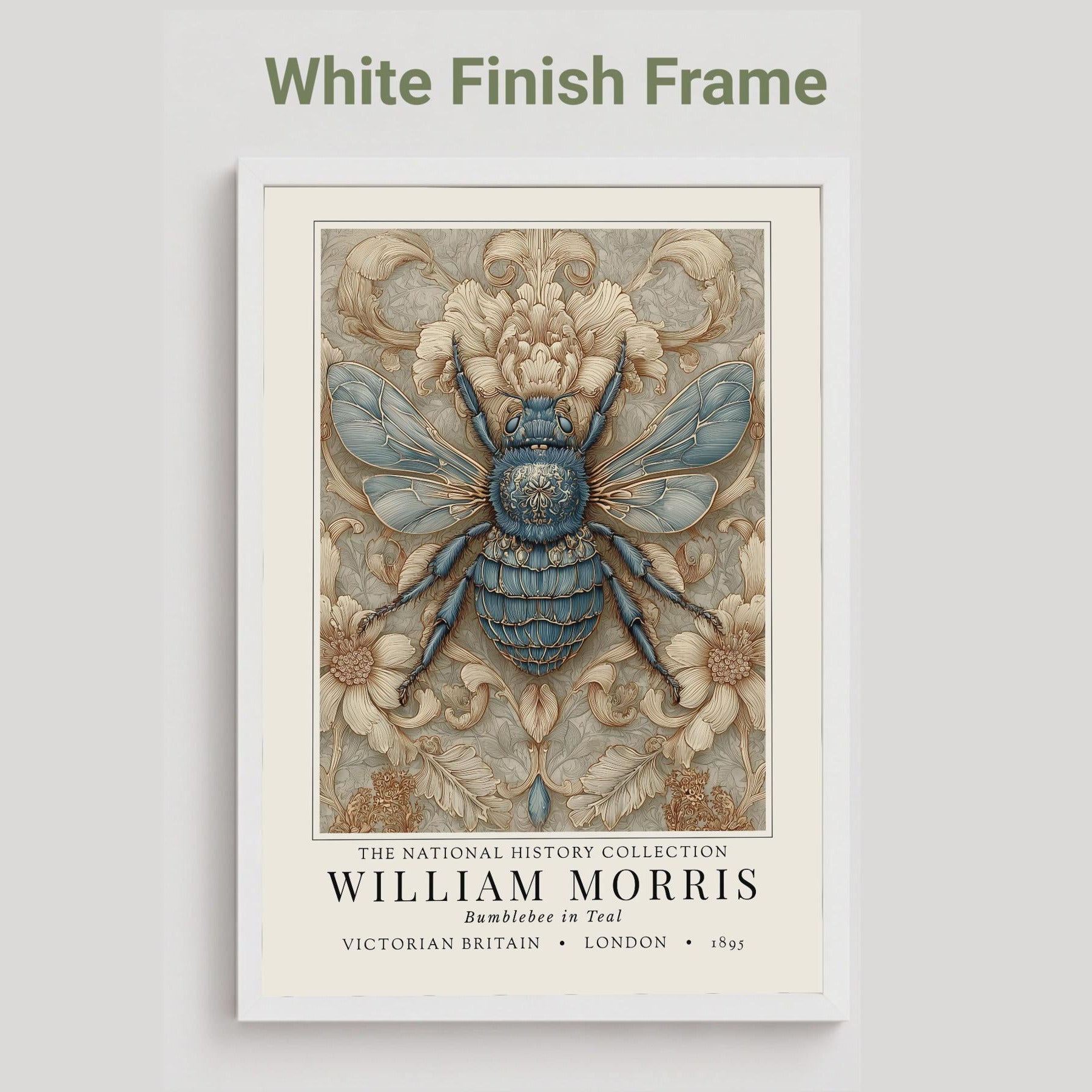 A framed William Morris print featuring a detailed blue and beige bumblebee illustration, shown against a light gray background with the text 'White Finish Frame' above it.