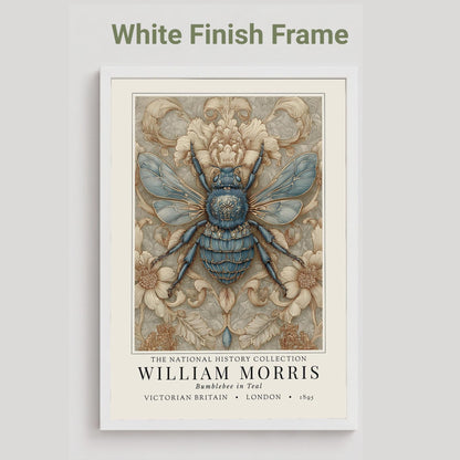 A framed William Morris print featuring a detailed blue and beige bumblebee illustration, shown against a light gray background with the text 'White Finish Frame' above it.