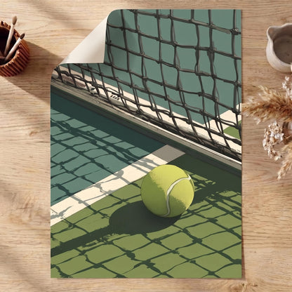 Tennis ball on a table with a tennis court design paper