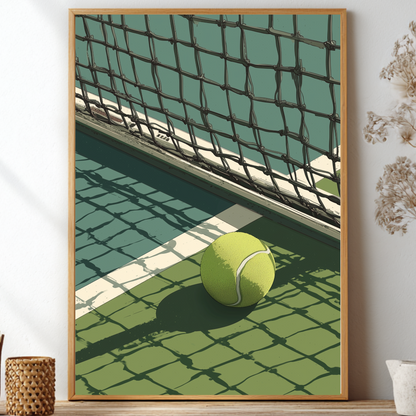 Framed artwork of a tennis ball on a tennis court with a net.