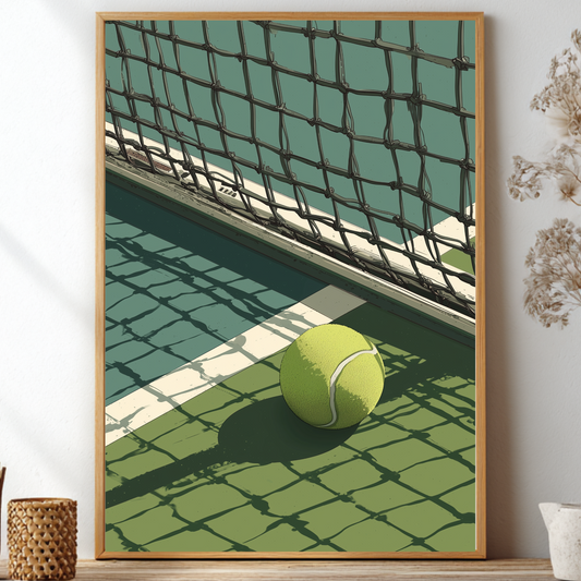 Framed artwork of a tennis ball on a tennis court with a net.