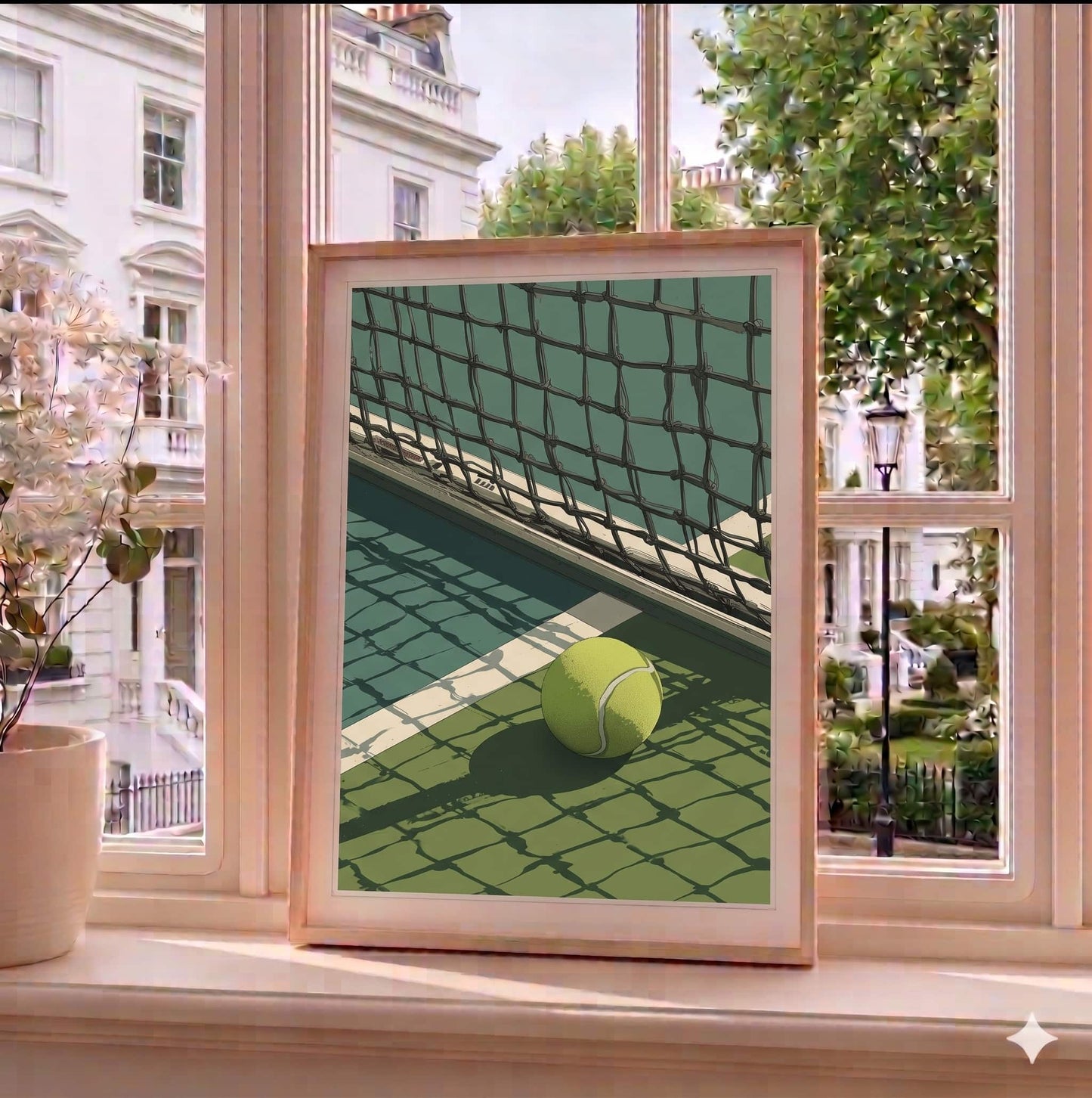 Framed artwork of a tennis ball on a court with a window view in the background