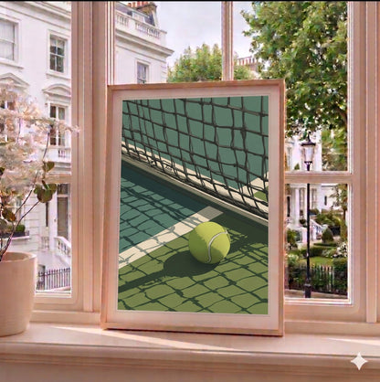 Framed artwork of a tennis ball on a court with a window view in the background