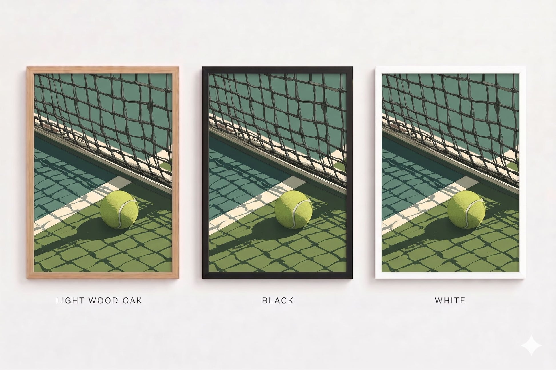 Three framed artworks of a tennis court with a ball, labeled 'Light Wood Oak', 'Black', and 'White'.