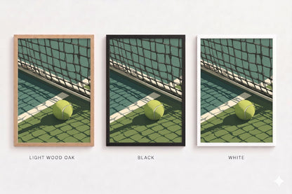Three framed artworks of a tennis court with a ball, labeled 'Light Wood Oak', 'Black', and 'White'.